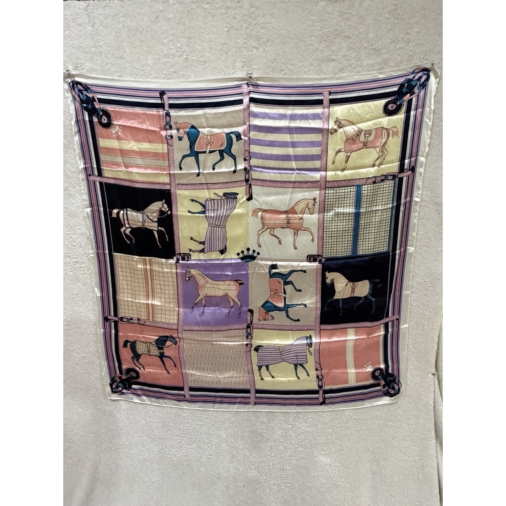 Equestrian Horse Print Square Scarf Pink Purple Navy Satin 35in Wrap Derby